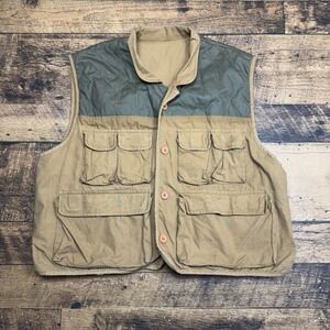 Mens Khaki Tan Utility Vest Quilted Shoulders Pockets Zipper Chest Pocket‎